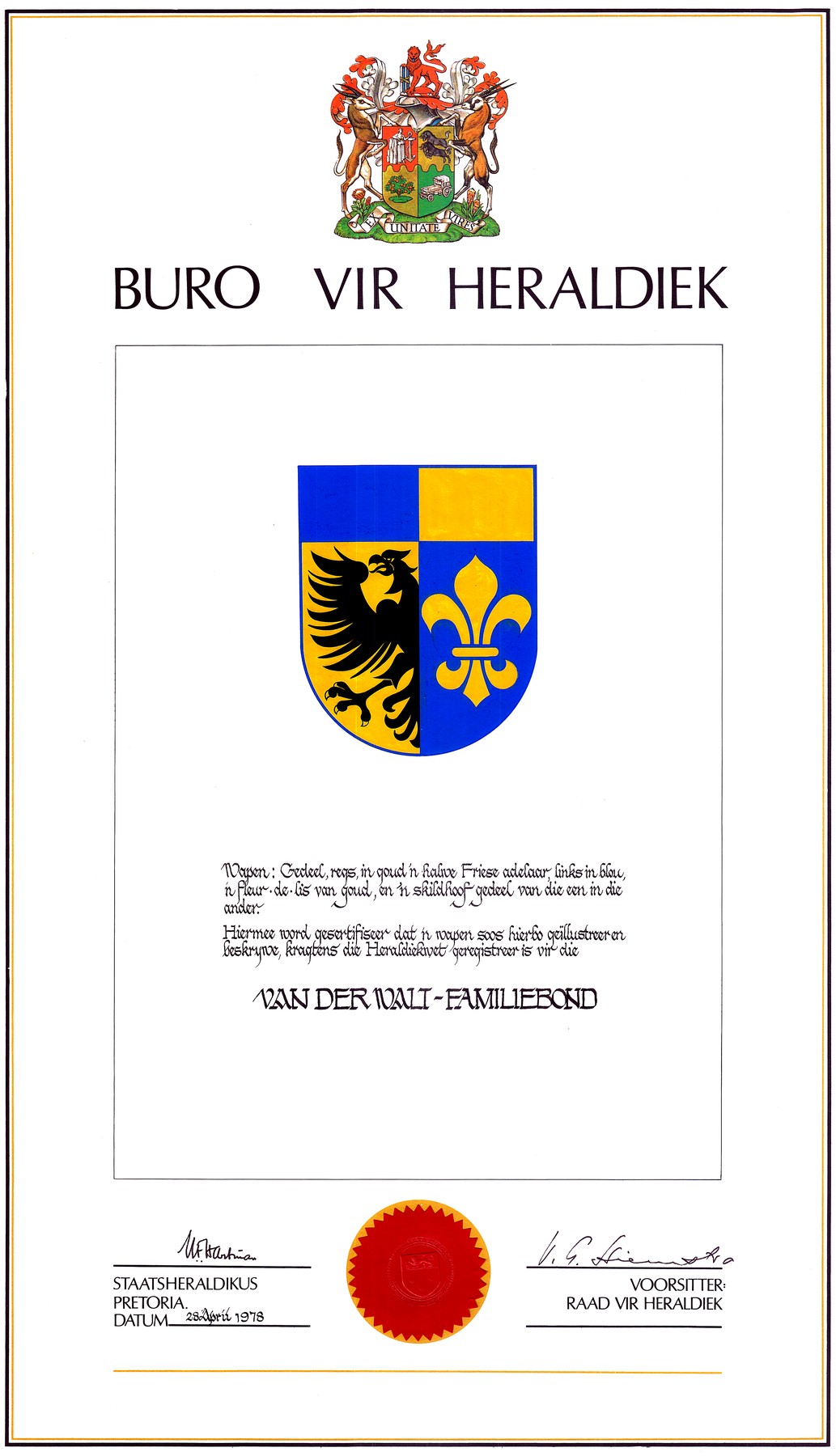 The 1978 Bureau of Heraldry certificate registering the arms of the Van der Walt-Familiebond