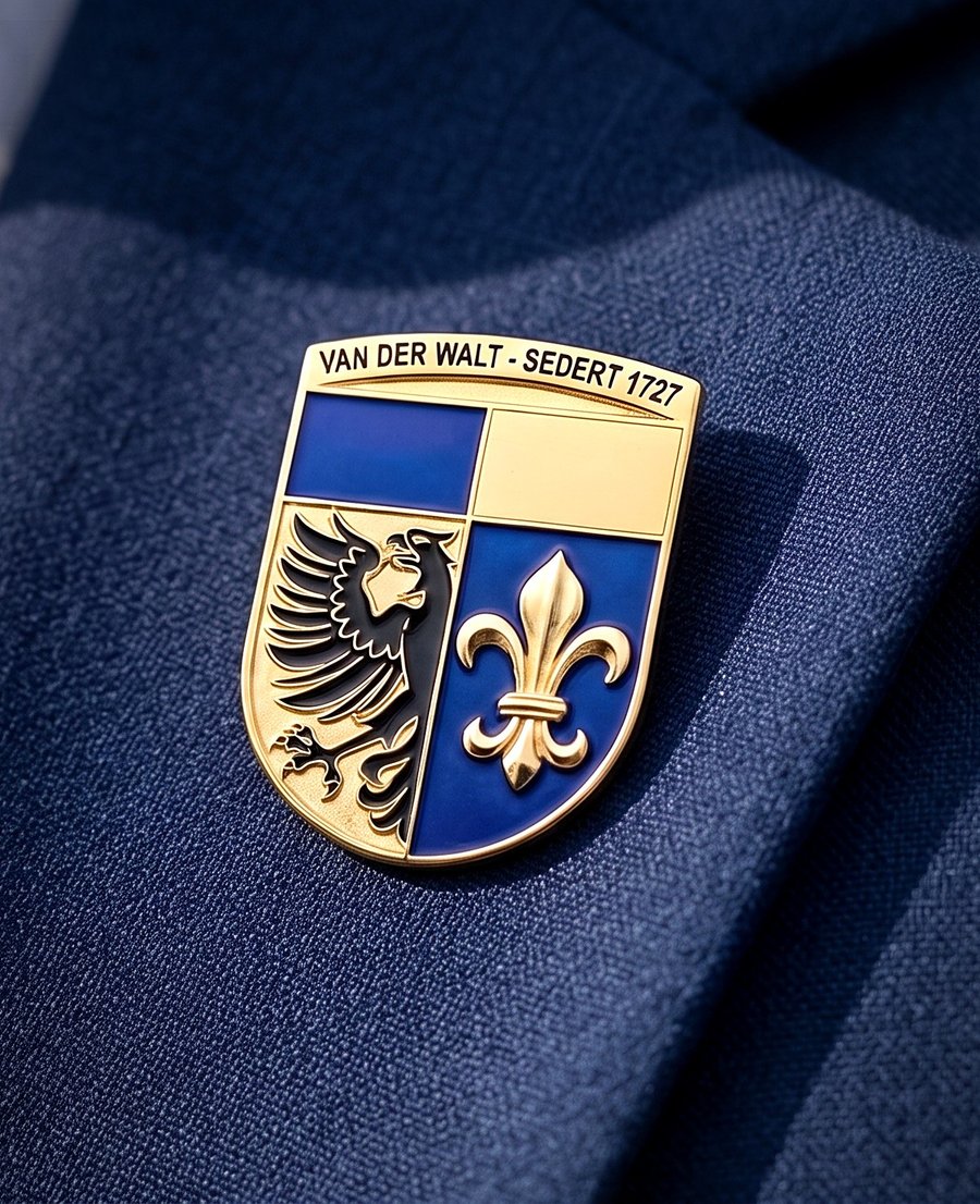 The Van der Walt pin on a blazer lapel